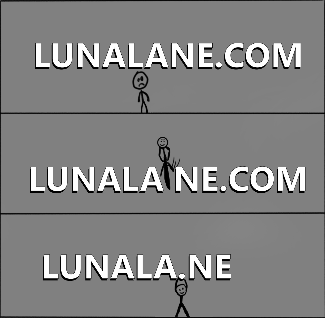 A little guy looks at lunalane.com frowning. He then slices it between the LA and NE in lane. Then the little guy puts a dot between LA and NE making the com part to disappear.