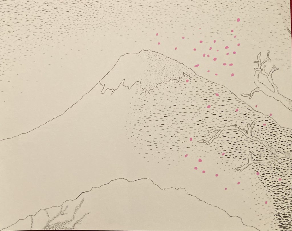 A view of fuji from a cliff with sakura petals blowing in front of it.
