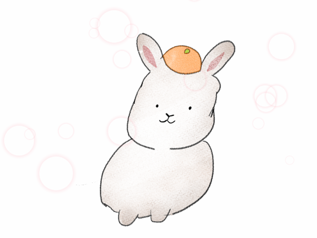 A poorly drawn bunny with orange on his head and soft circles.