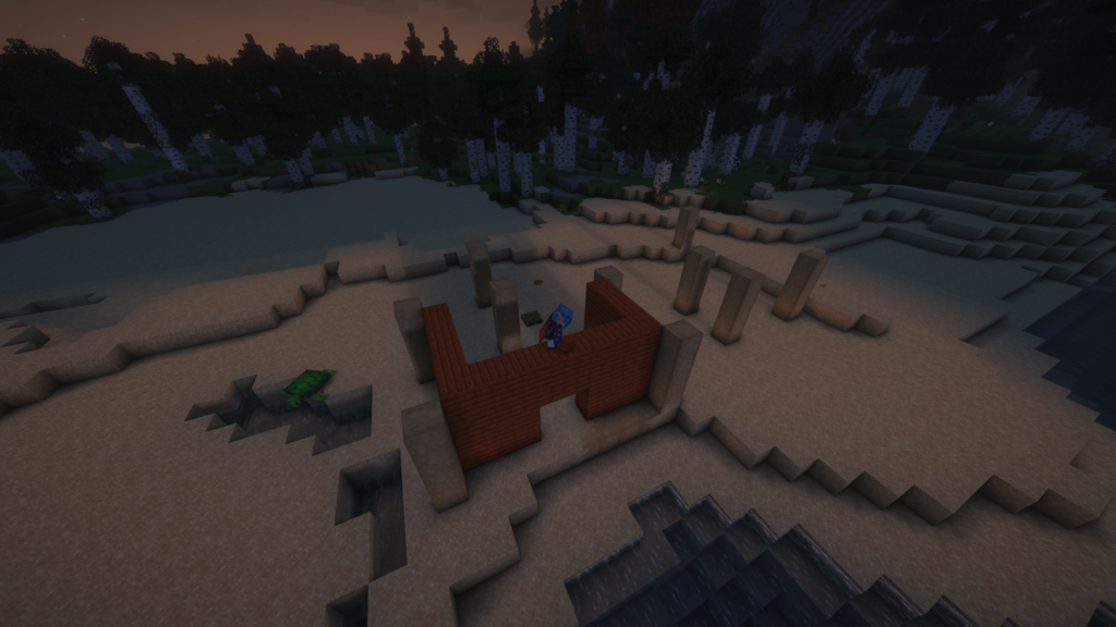 Image of player in minecraft building a beach house.
